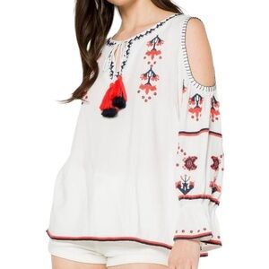 Anthropologie Embroidered Cold Shoulder Tassel Tie Boho Blouse Folk Romantic New